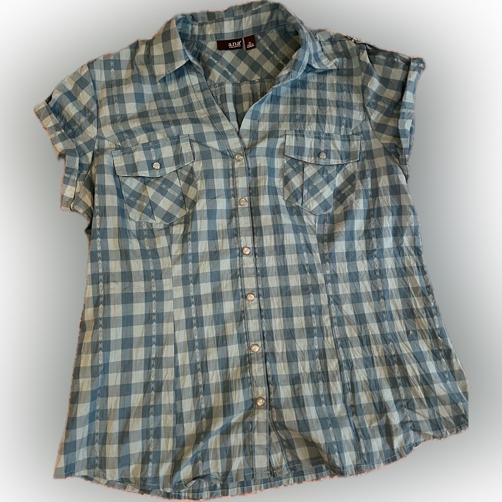 a.n.a Teal & Blue Green Checkered Snap Button-Down Country Western Shirt - Picture 2 of 12